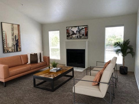 a living room with a couch and a table